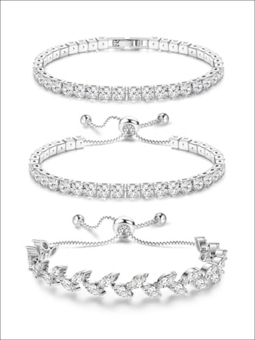 3Pc Tennis Bracelets 18K White Gold Plated Adjustable 4mm Cubic Zirconia